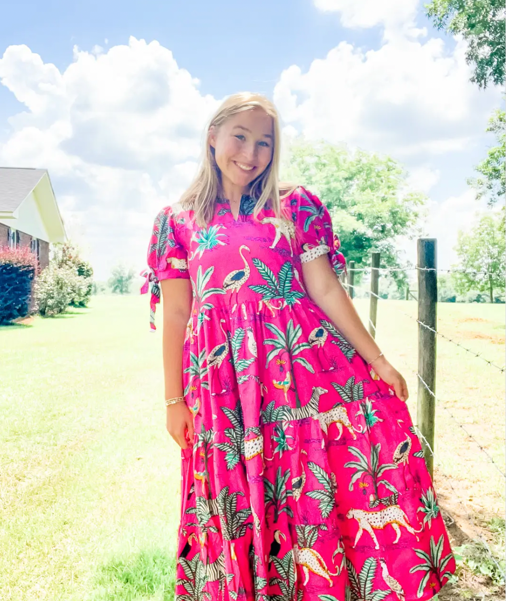 Pink Savannah Rain Puff Sleeve Resort Dress