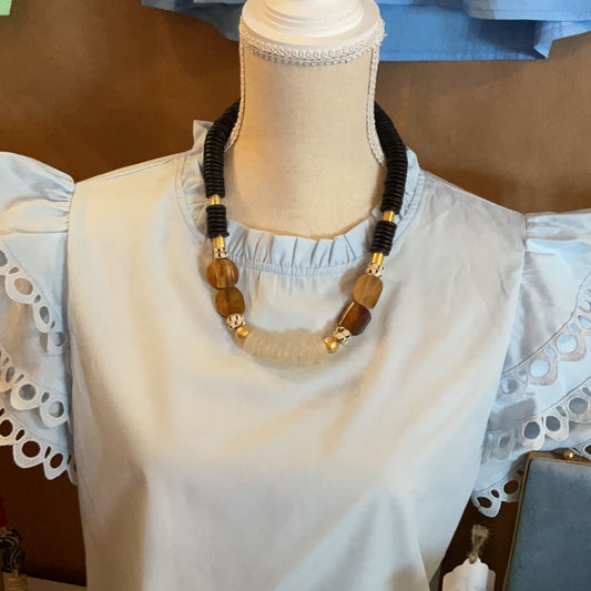 Glass Bead and Wood Necklace