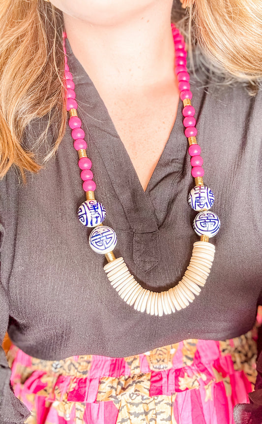 Chinoiserie pink wooden beaded necklace