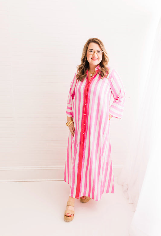 Derby Pink Striped Cabana Caftan Dress