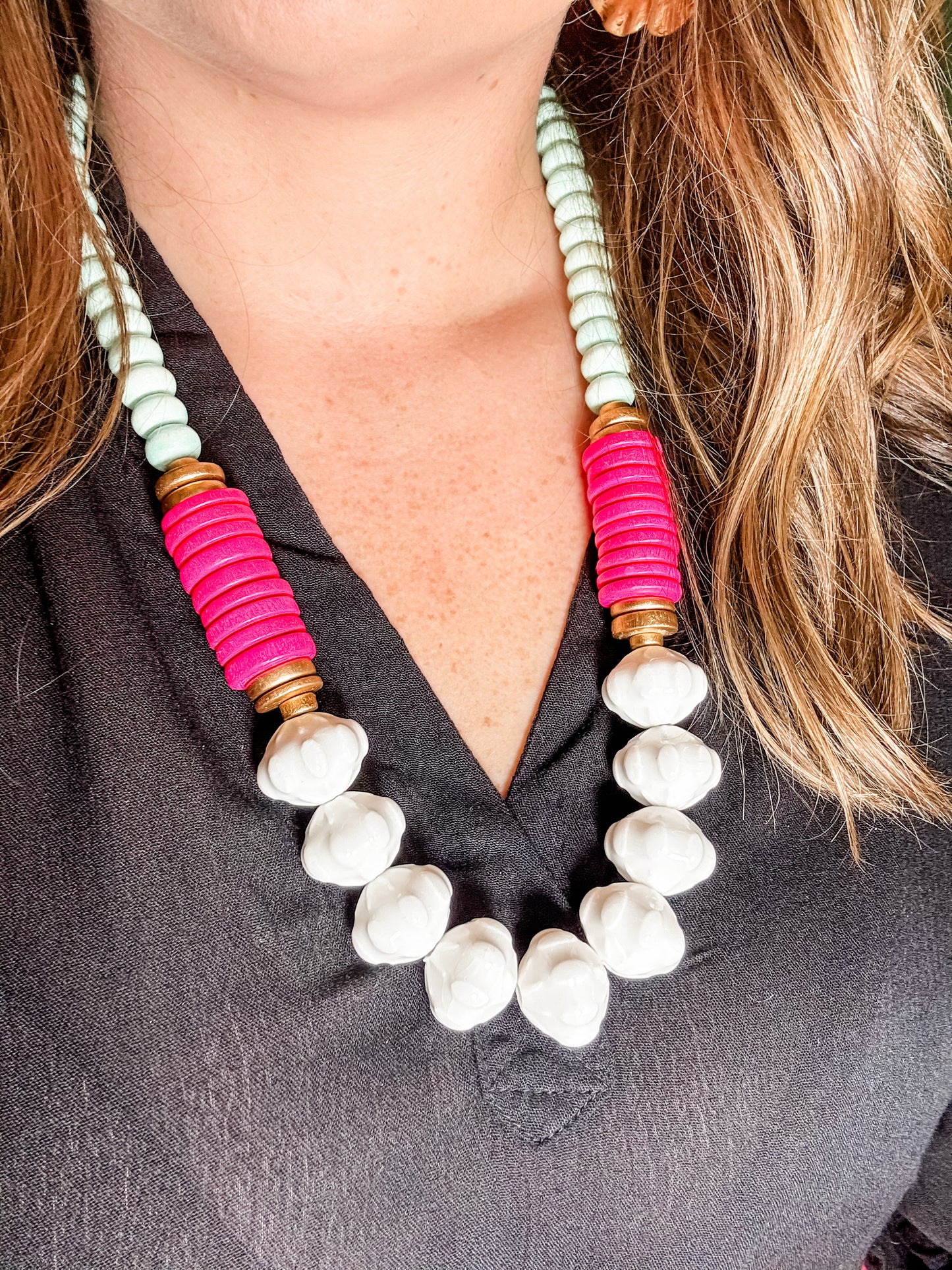 White ceramic glass beads & pink coconut wood beaded necklace