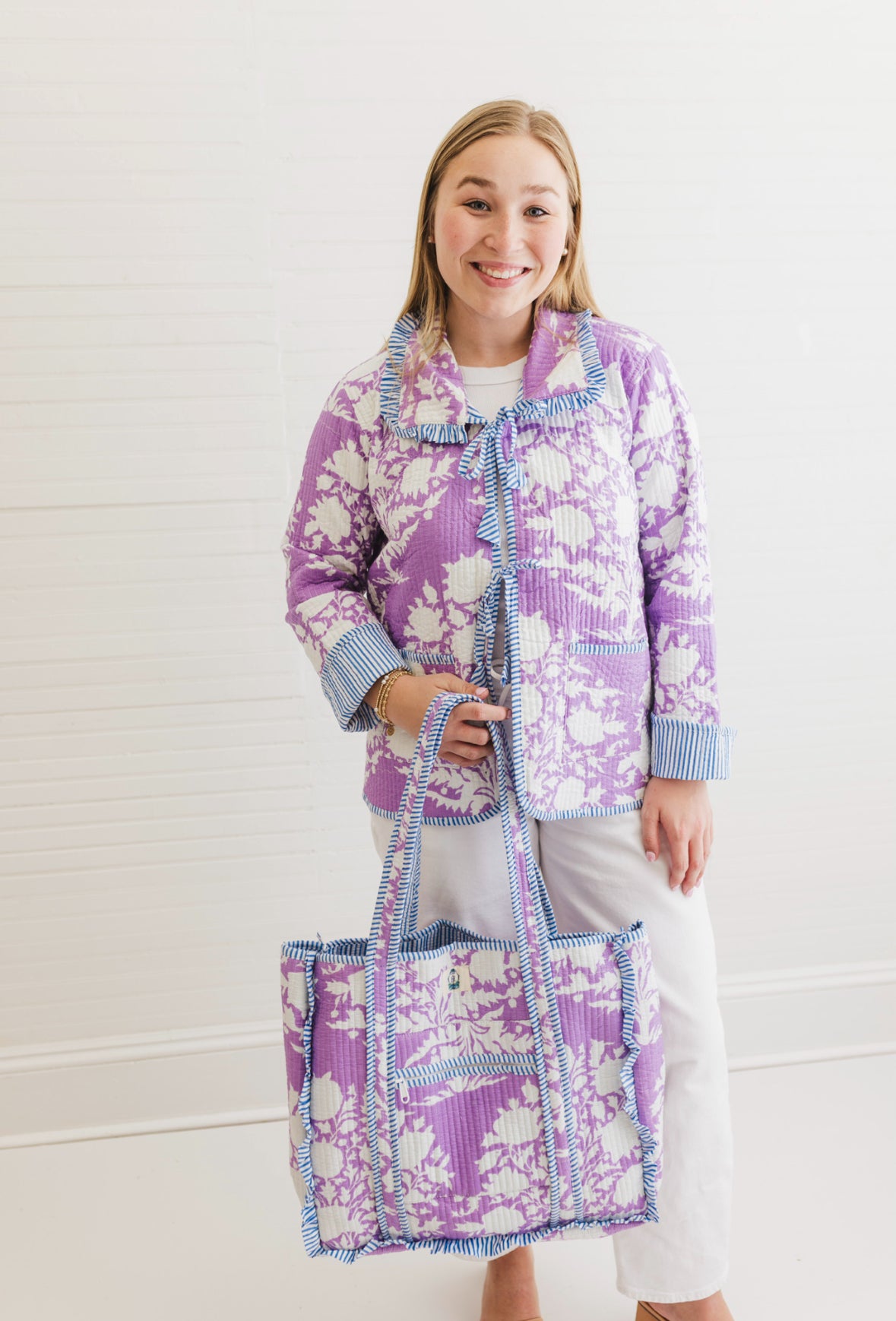 Lilac Blossoms | Large Quilted Ruffle Tote Bag