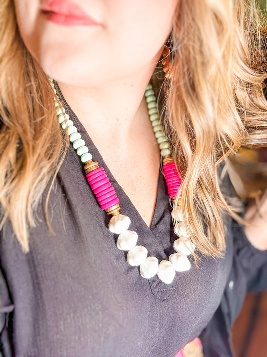 White ceramic glass beads & pink coconut wood beaded necklace