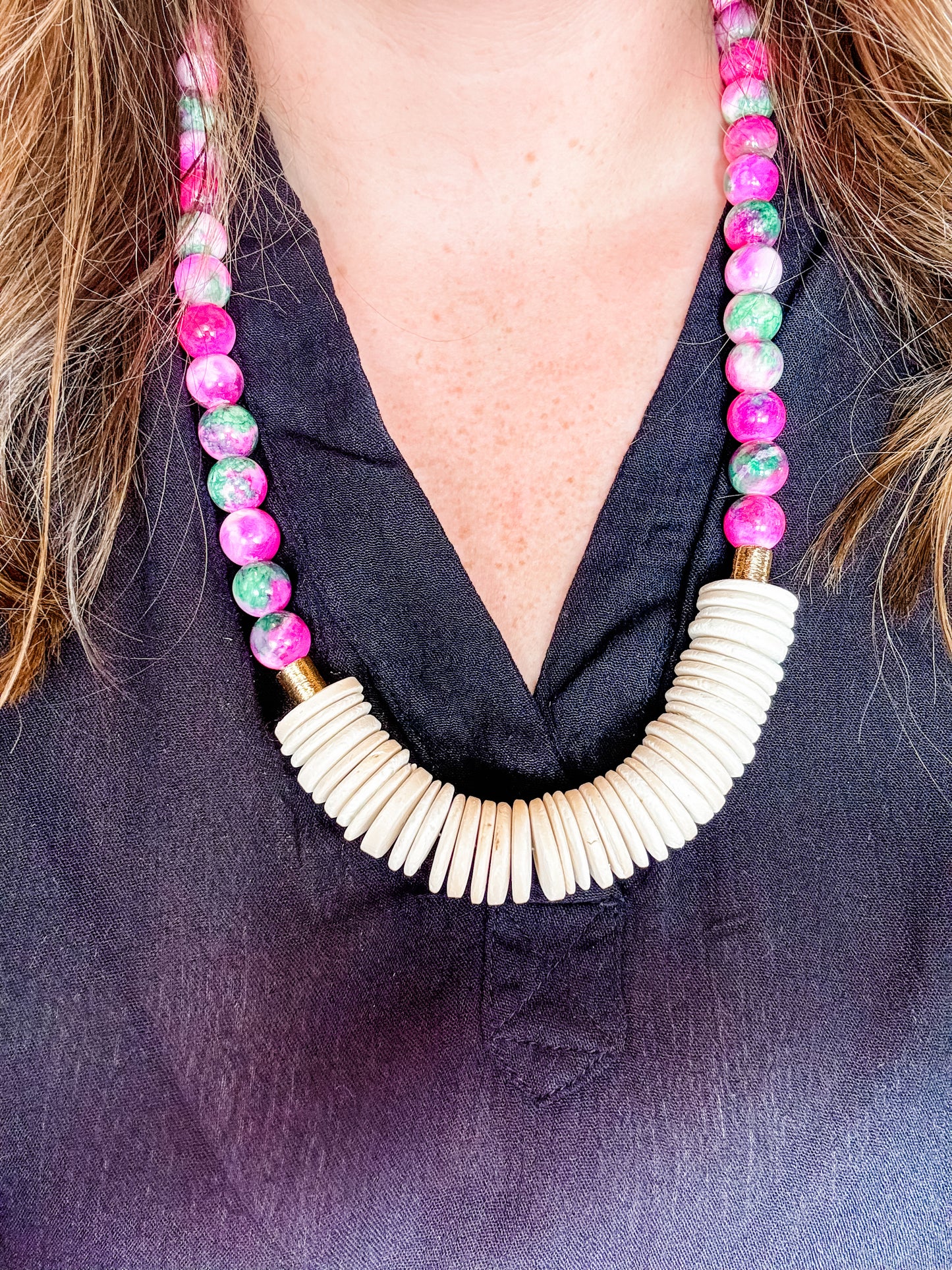 Pink Gemstone and Coconut Wood Beaded Necklace