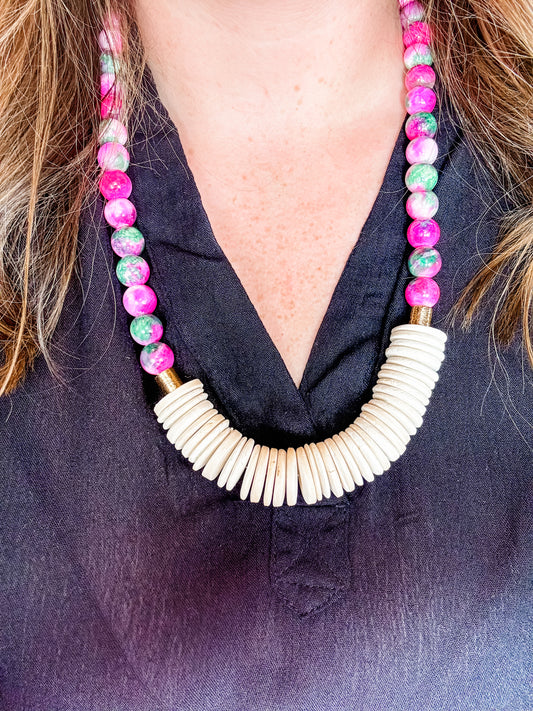 Pink Gemstone and Coconut Wood Beaded Necklace