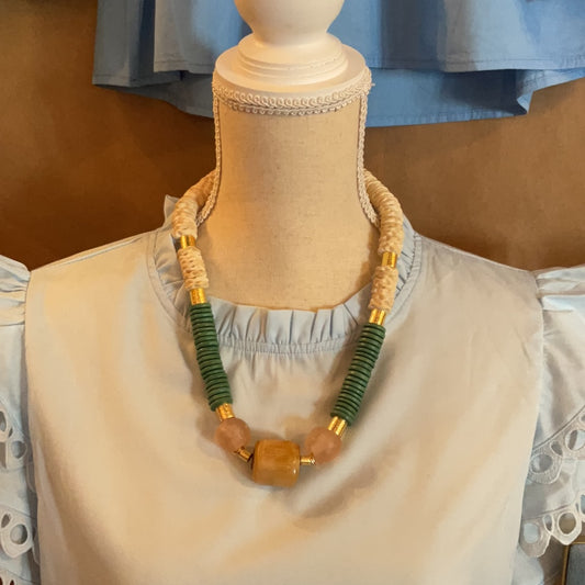 Green wood and glass beaded necklace