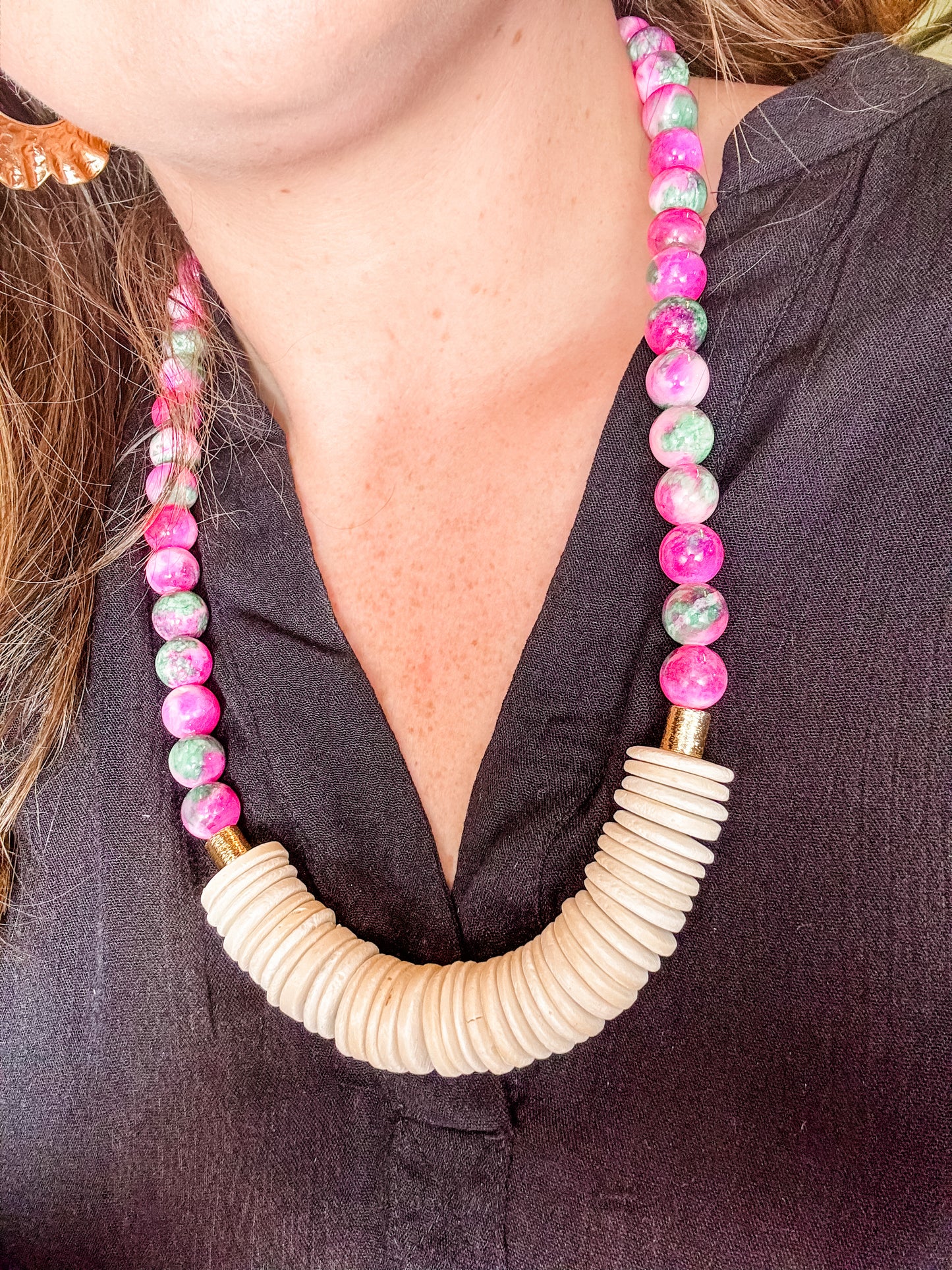 Pink Gemstone and Coconut Wood Beaded Necklace