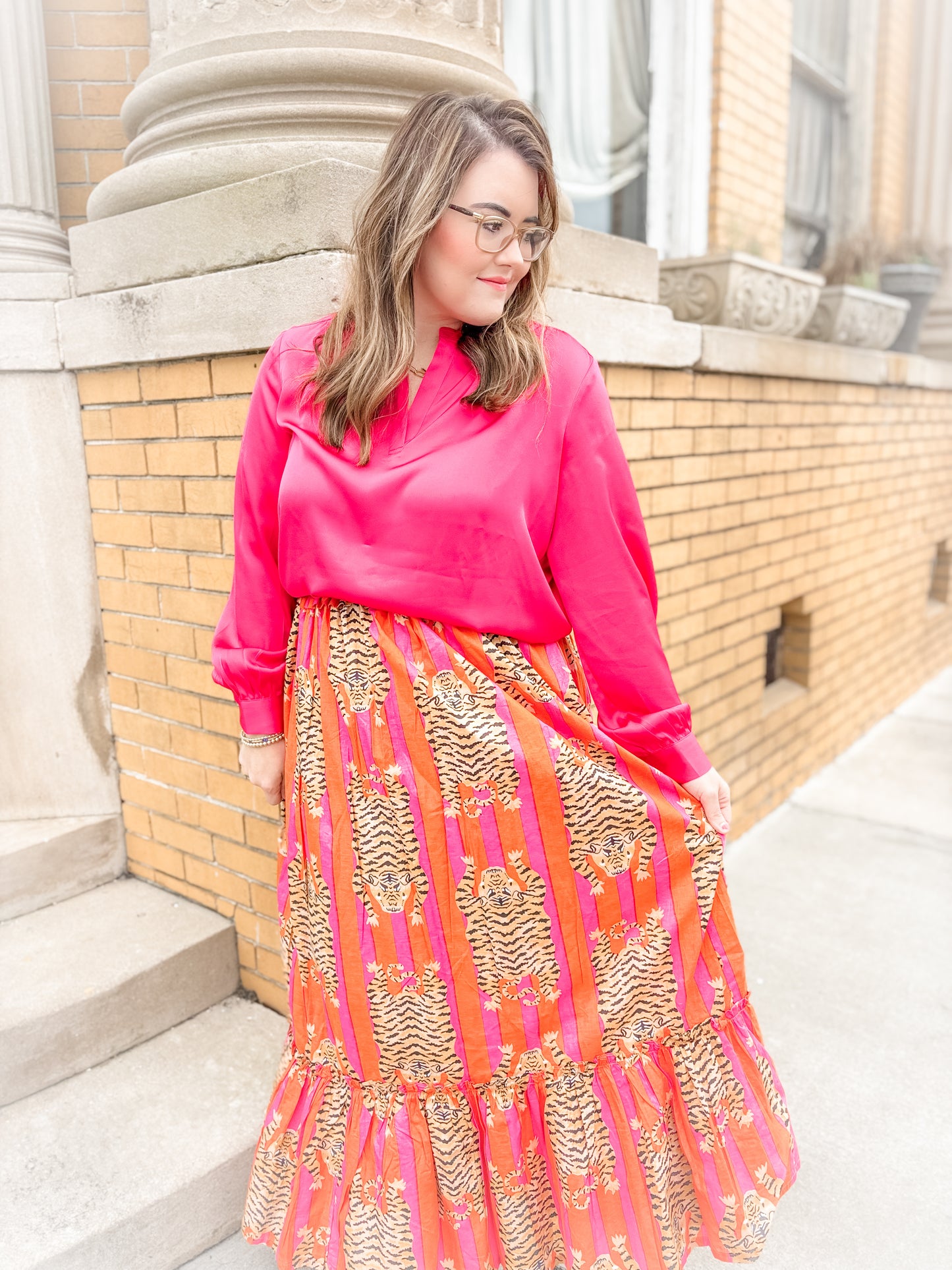Pink + Orange Eye of the Tiger Ruffle Maxi Skirt