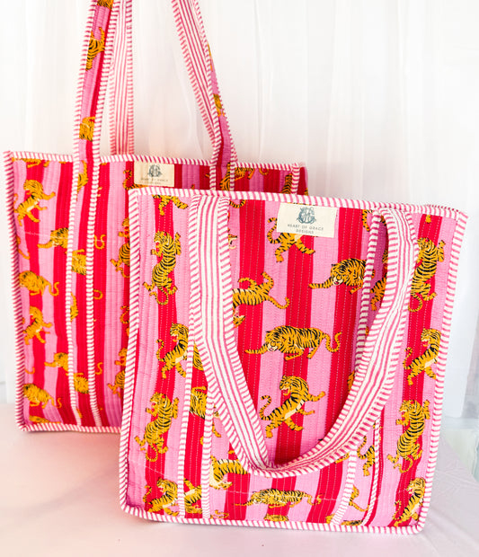 Pink Tiger Lily Large Quilted Tote