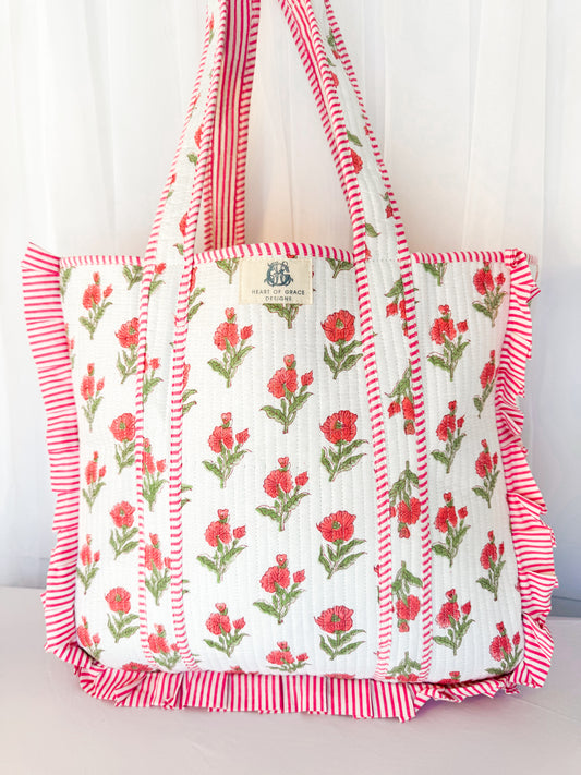 Magnolia Rose’ | Large Quilted Ruffle Tote Bag