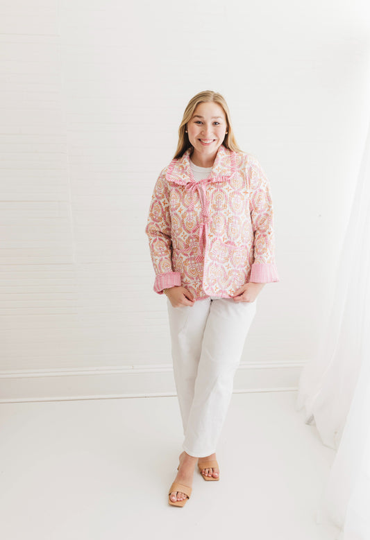 Dahlia | Quilted Block Print Ruffle Bow Jacket