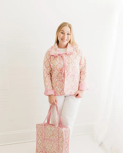 Dahlia | Quilted Block Print Ruffle Bow Jacket