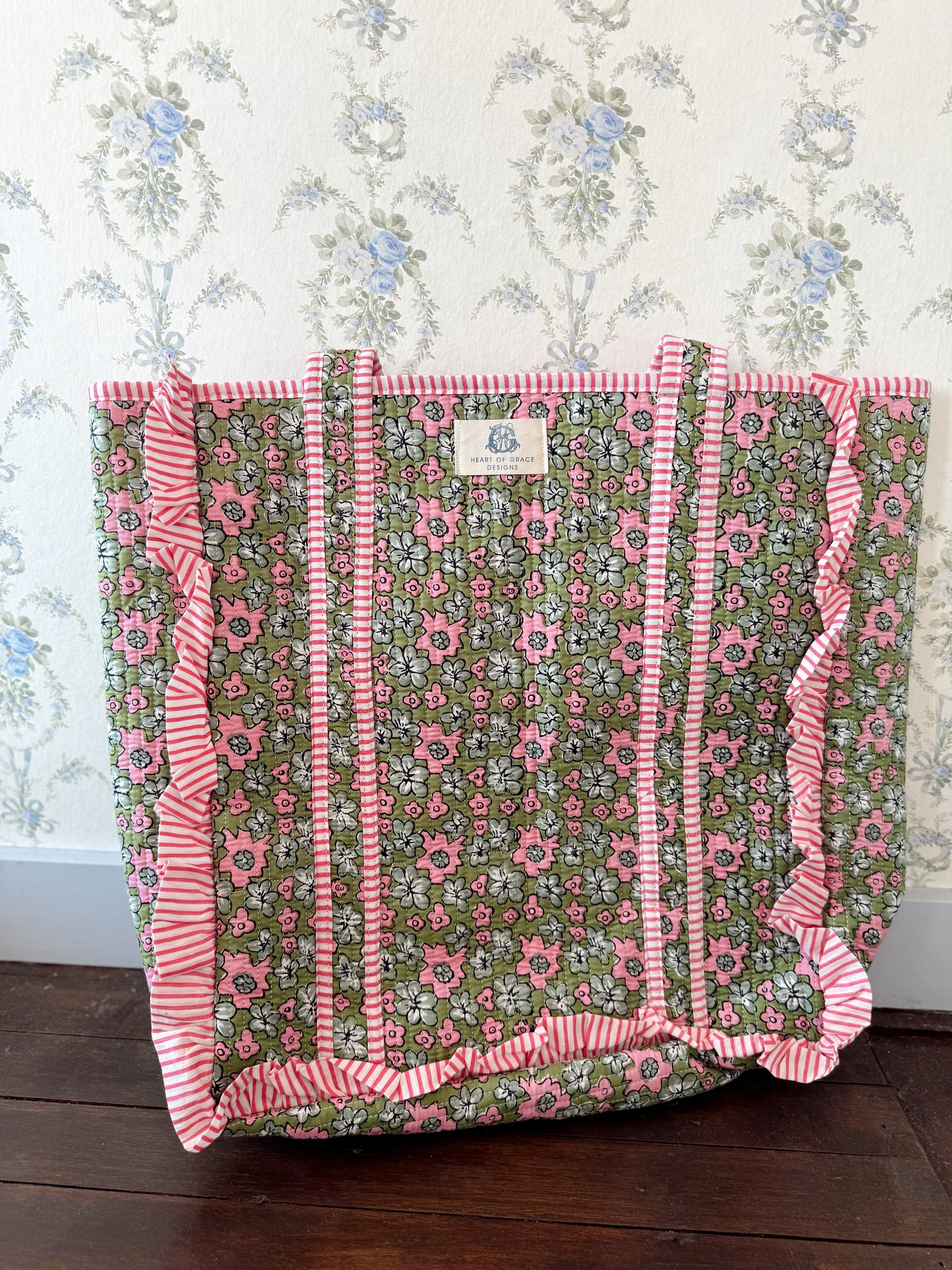 Spring Vines Large Quilted Ruffle Tote