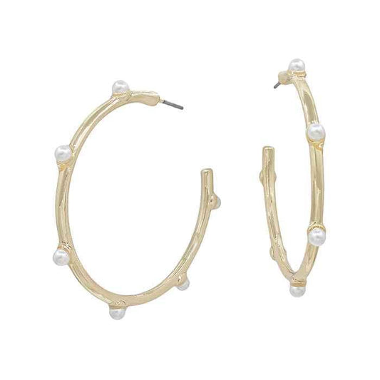 Gold Pearl Skinny Hoop Earrings